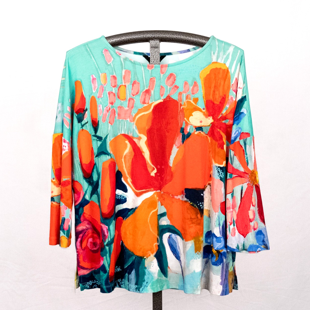 Ali Miles Colorful Knit Top XL Artsy Floral Boxy Casual Vibrant Flowers Garden